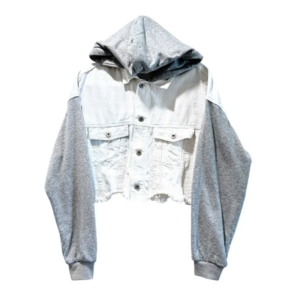 NWOT Dance & Marvel White Gray, Raw Hem, Crop Detachable Hoodie, Denim Jacket, - Picture 7 of 15